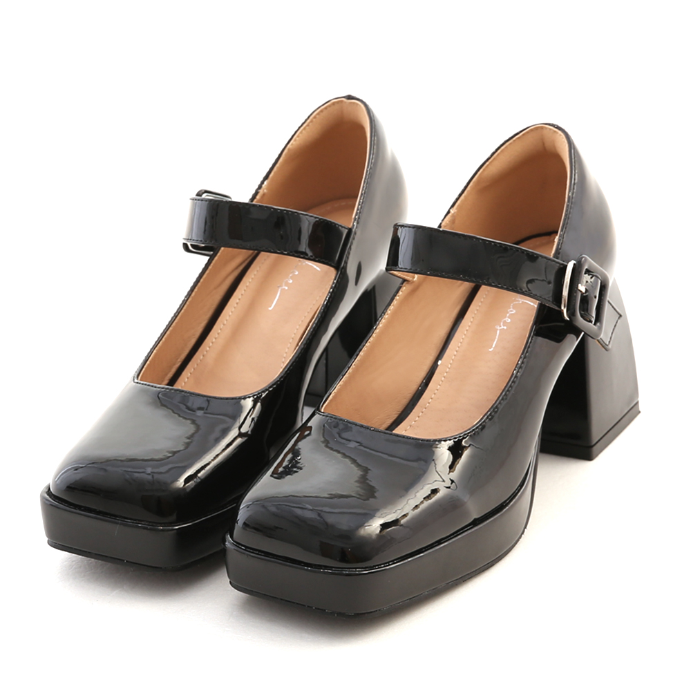 Patent Square Toe Mary Jane Heels Black │ D+AF Official Online Shop