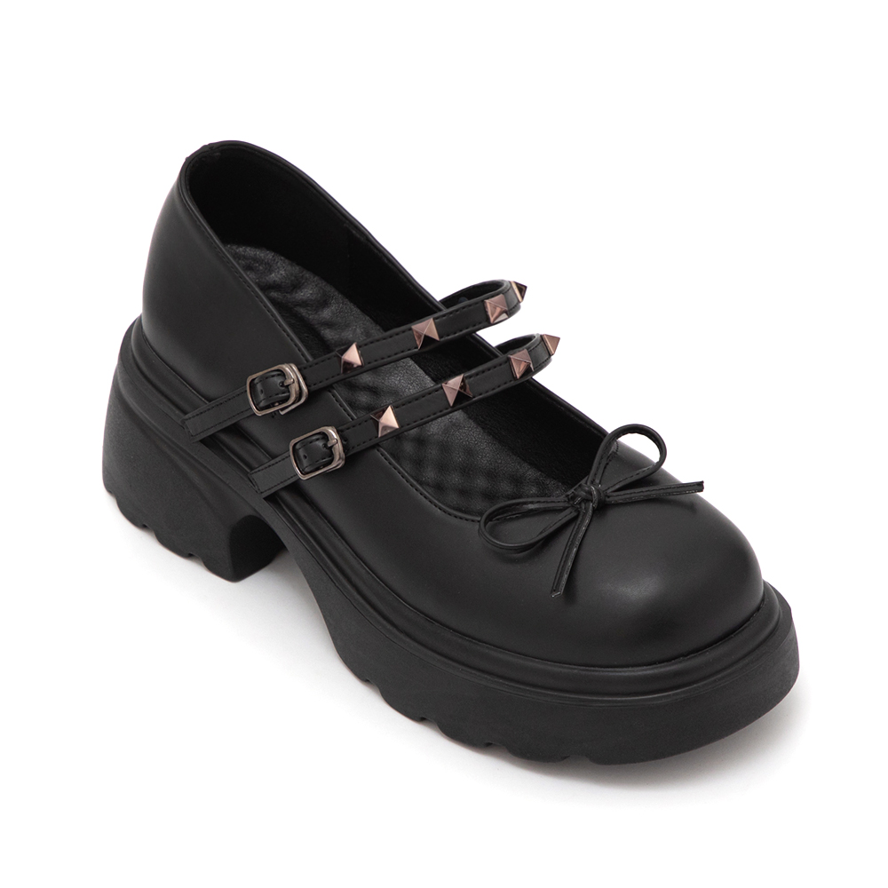 暗黑甜心鉚釘厚底瑪莉珍鞋 黑色
