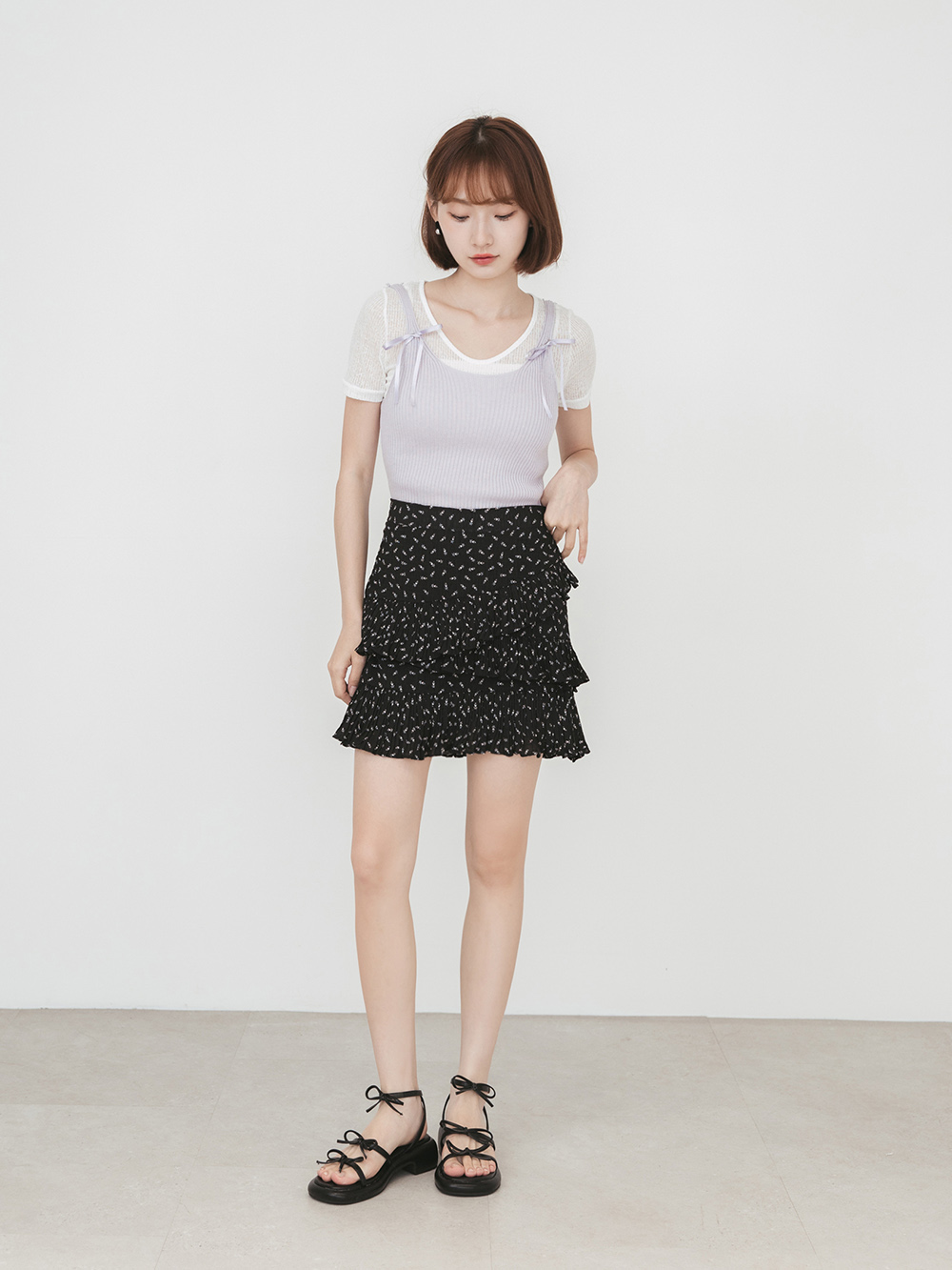 可愛三條帶蝴蝶結低跟涼鞋 黑