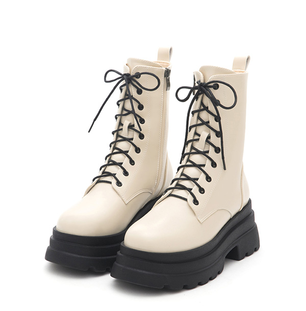 Platform Lace-Up Ankle Boots Beige