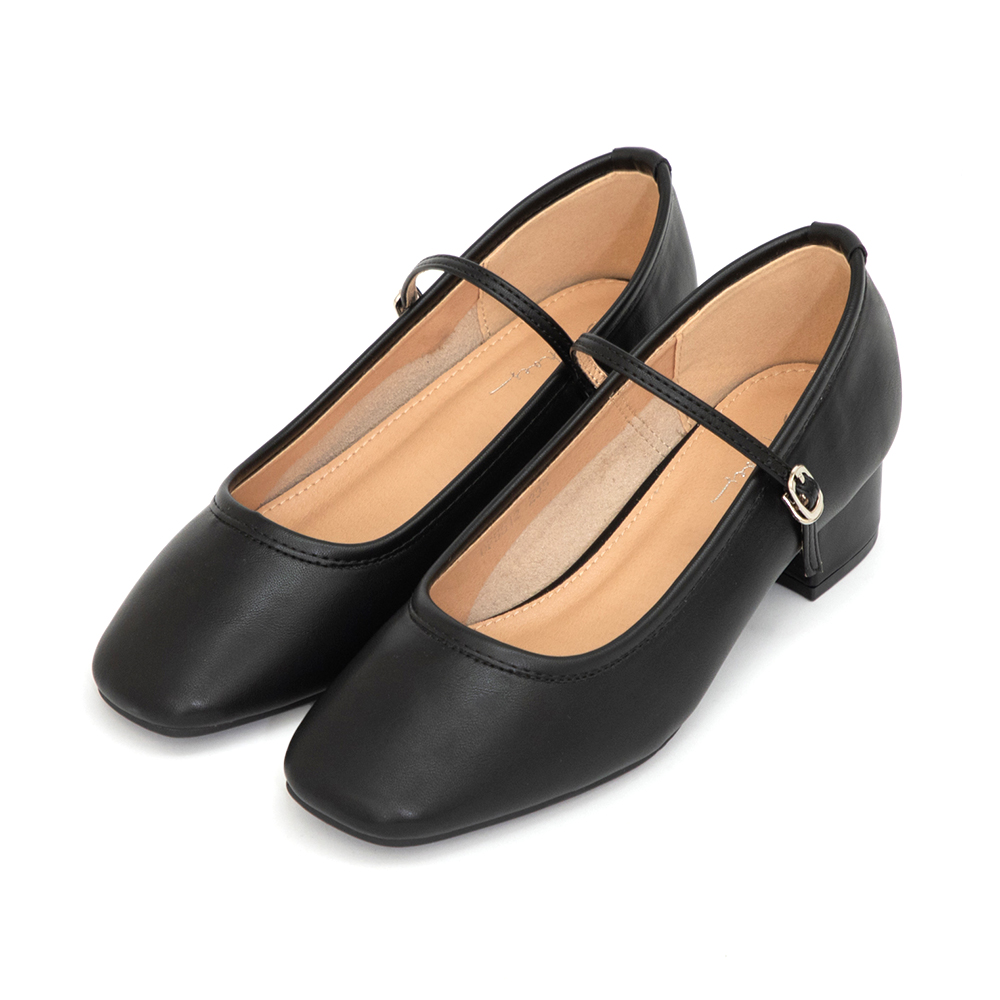 甜蜜蜜方頭氣質粗跟瑪莉珍鞋 黑色