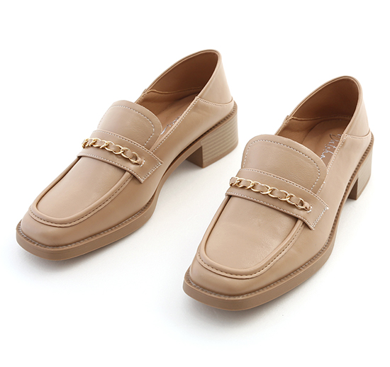 Texture Chain Strap Square Toe Loafers Beige