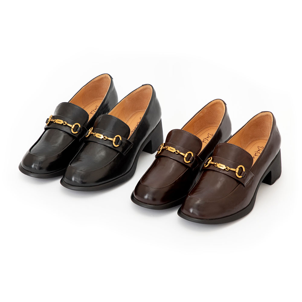 【真皮系列】波浪靜音跟馬銜釦樂福鞋 黑色