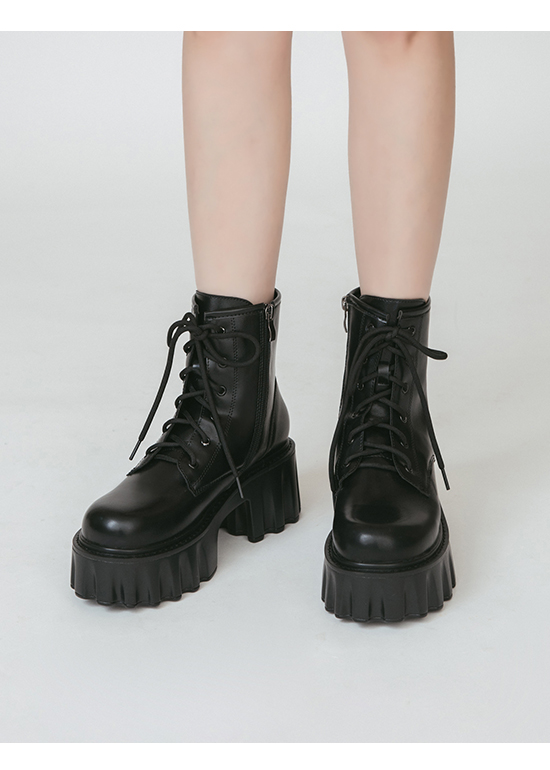 Zig-Zag Chunky Platform Lace-Up Boots Black