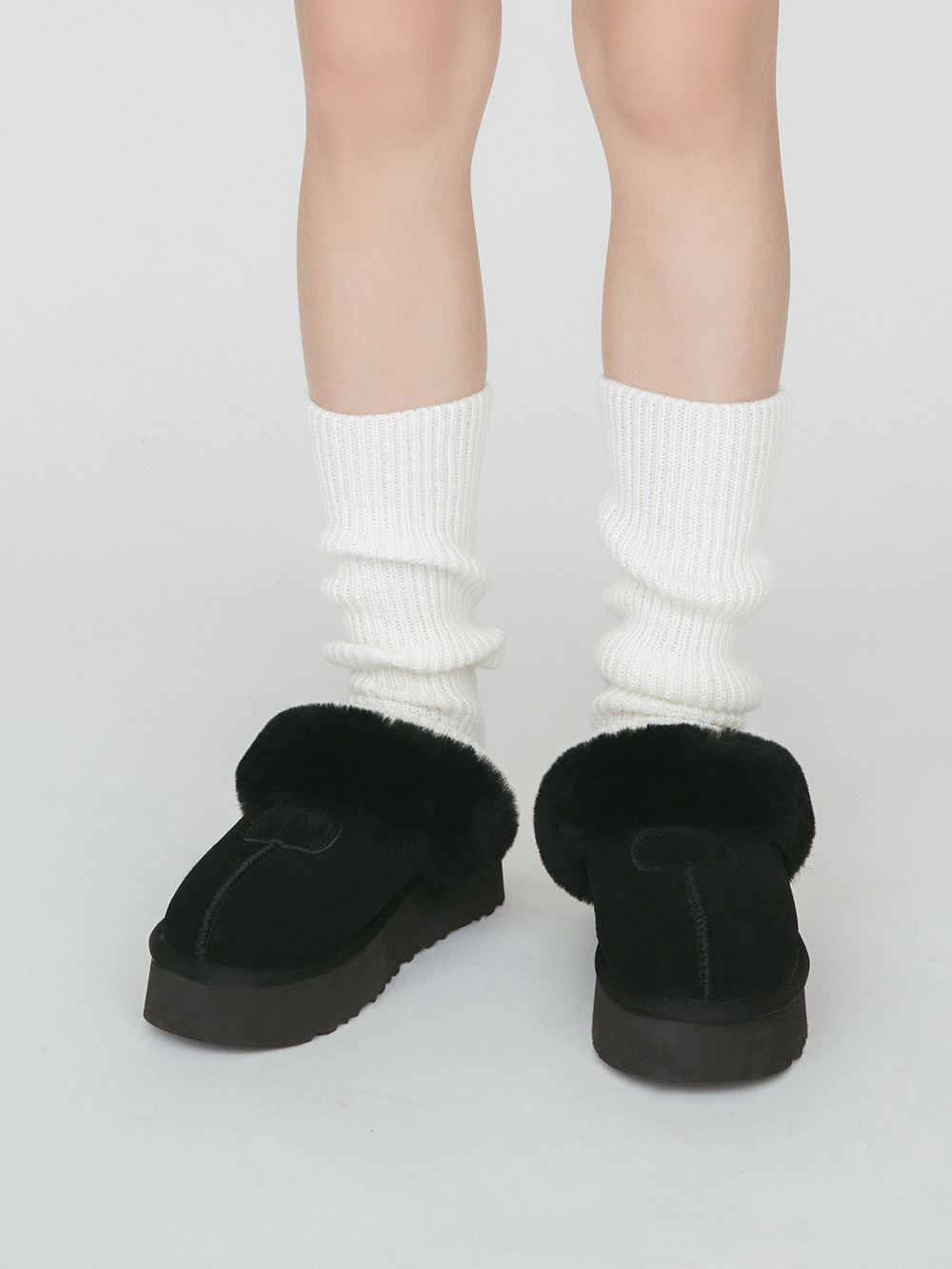 雪地精靈.真皮羊毛厚底雪靴拖鞋 時尚黑