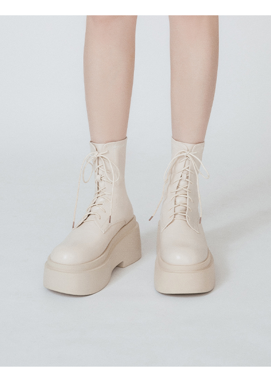 Chunky Sole Lace-up Ankle Boots Vanilla