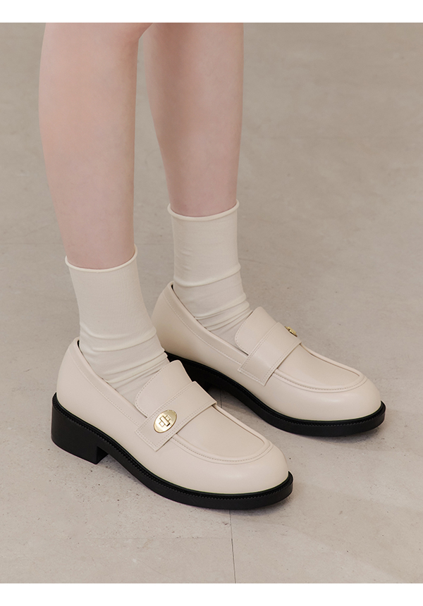 Gold Buckle Round-Toe Loafers Vanilla