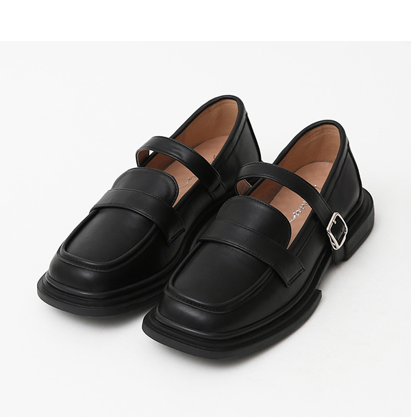 Square Heell Loafers Mary Jane Shoes Black