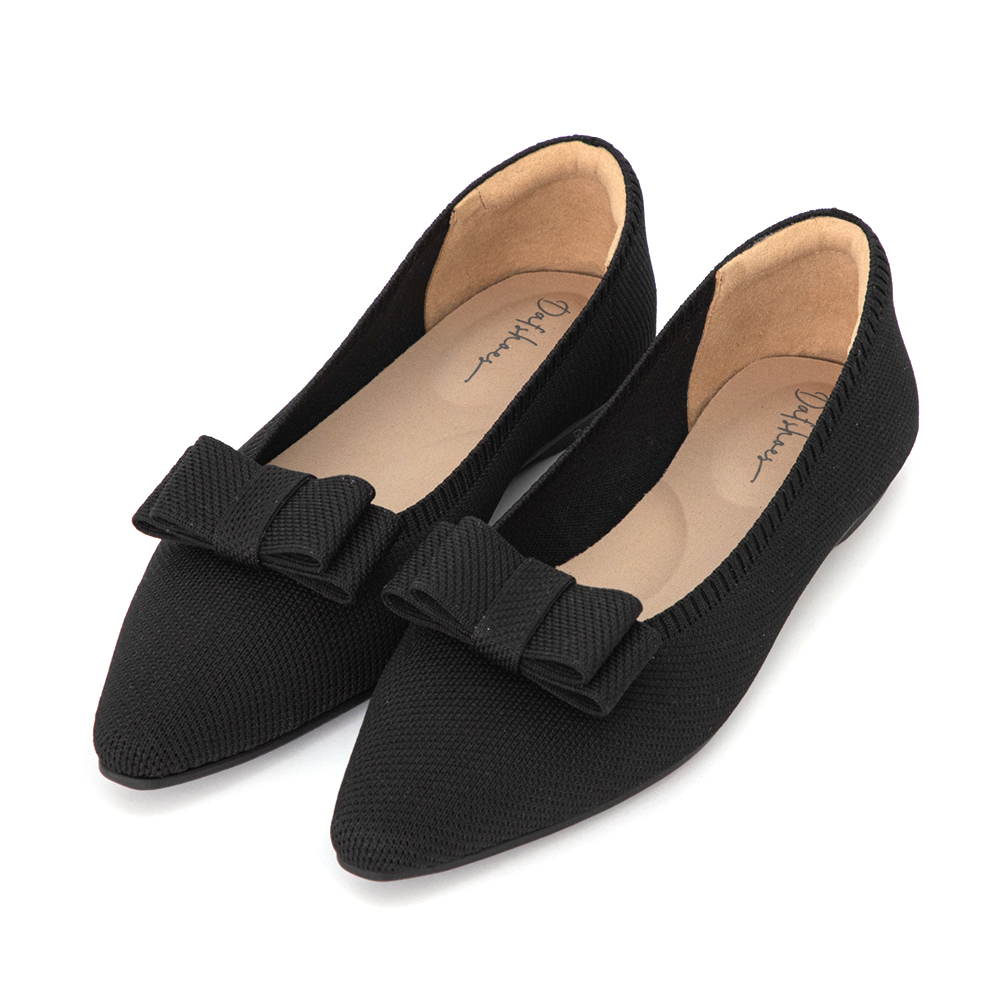 【3D零感雲織鞋】尖頭可拆卸蝴蝶結平底鞋 午夜黑