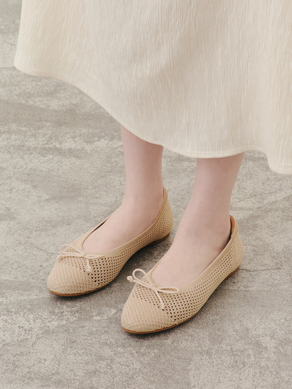 【3D零感雲織鞋】蝴蝶結圓頭芭蕾娃娃鞋 密茶杏
