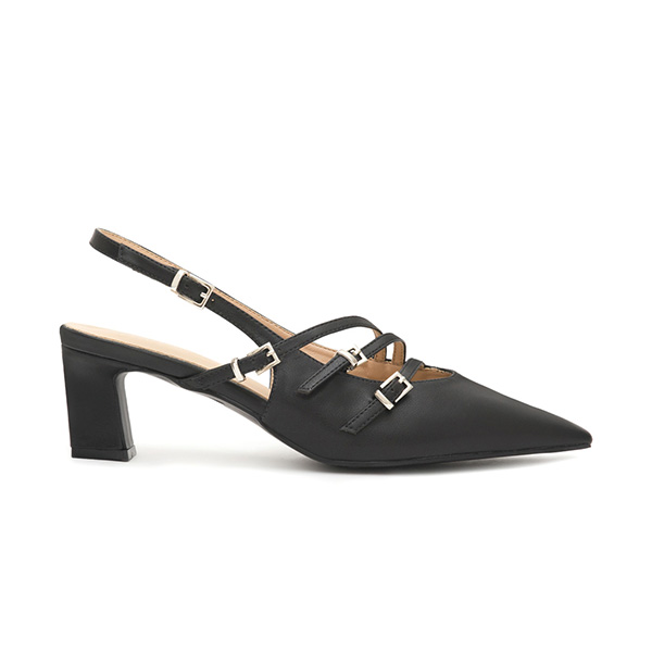 Three-Strap Pointed-Toe Slingback Heels Black