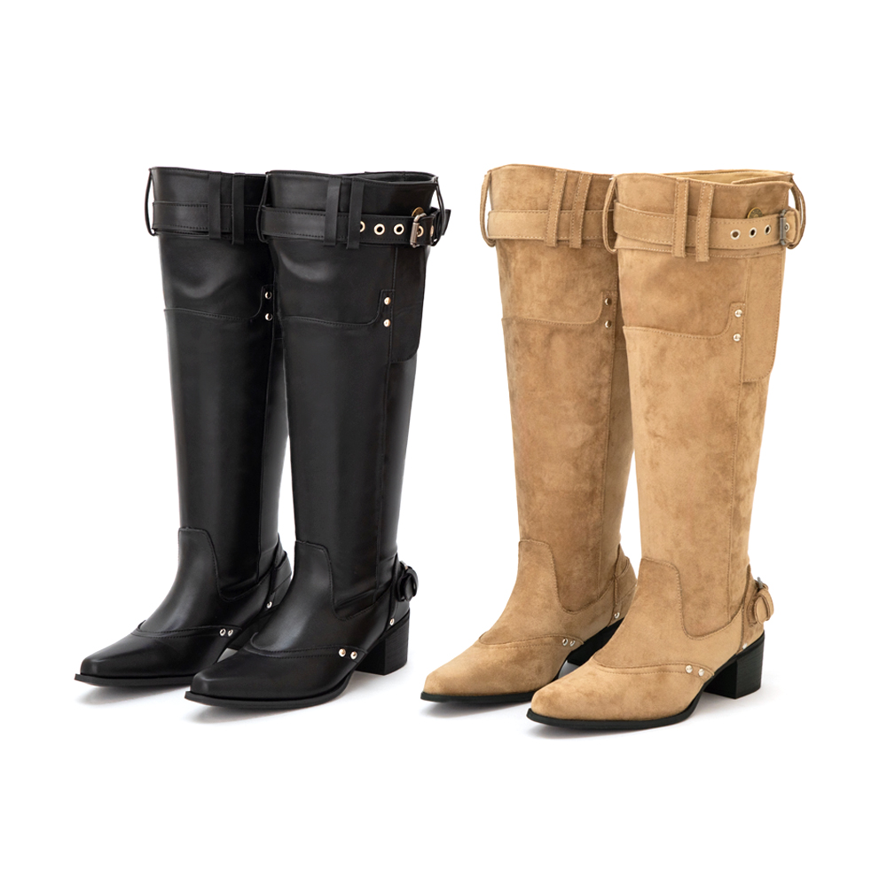 流浪風褲型剪裁尖頭寬筒靴 卡其色