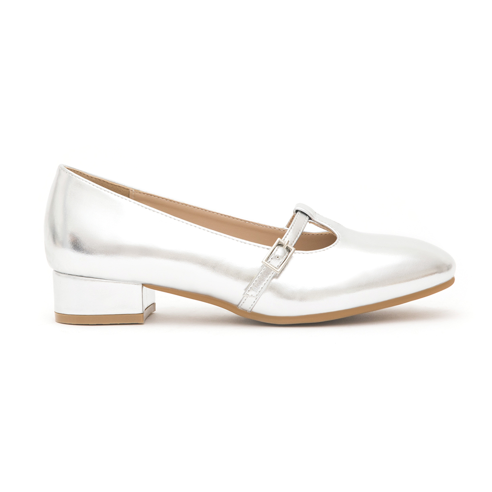 Round-Toe T-Strap Mary Jane Shoes Silver