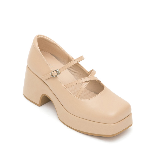 Square-Toe Cross-Strap Mary Jane Shoes Beige