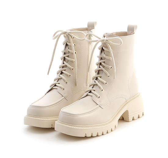 Square Toe Thick Sole Lace Up Short Boots Vanilla
