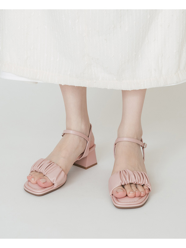 Ruched Puffy Cushioned Mid-Heel Sandals Pink