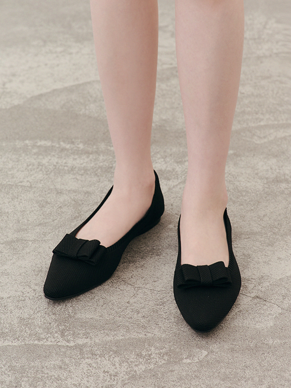 【3D零感雲織鞋】尖頭可拆卸蝴蝶結平底鞋 午夜黑