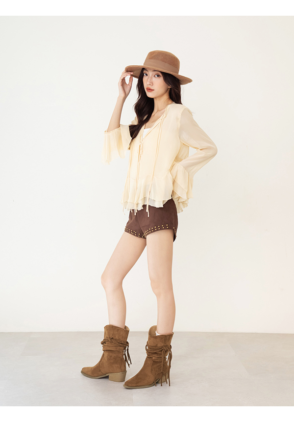 吉普賽流蘇小V口牛仔短靴 棕色