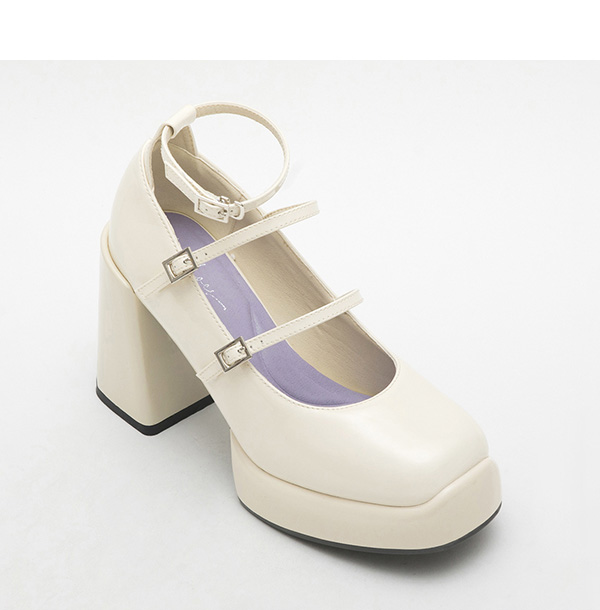 Three-Straps Platform Heel Mary Jane Shoes Ivory White