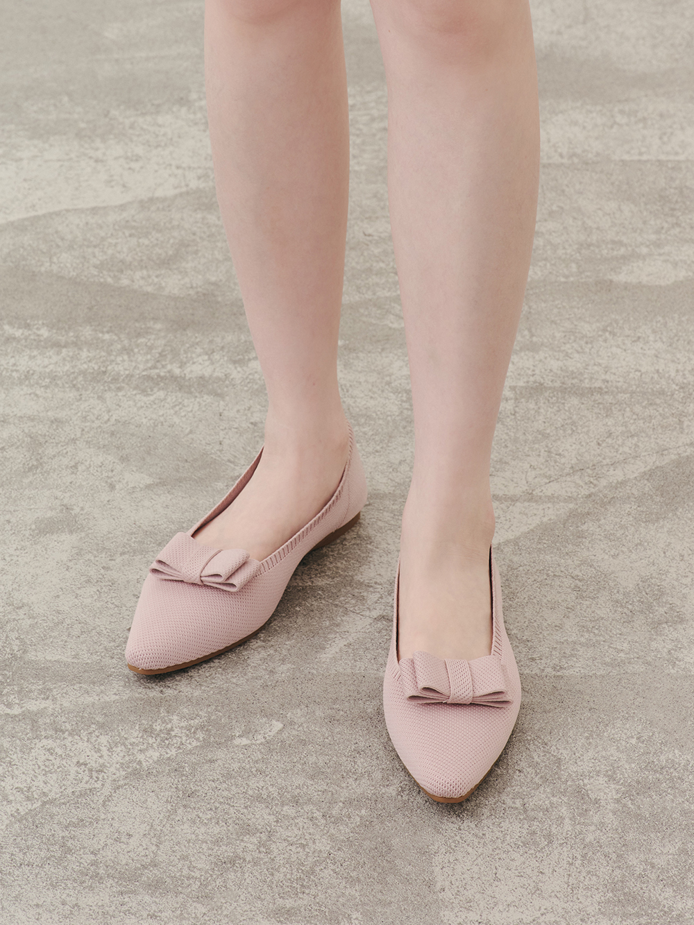 【3D零感雲織鞋】尖頭可拆卸蝴蝶結平底鞋 裸膚粉