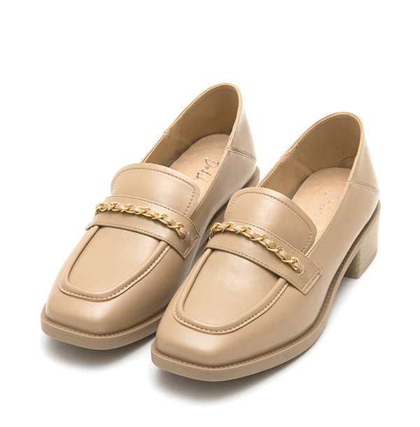 Metal Chain Square-Toe Loafers Beige