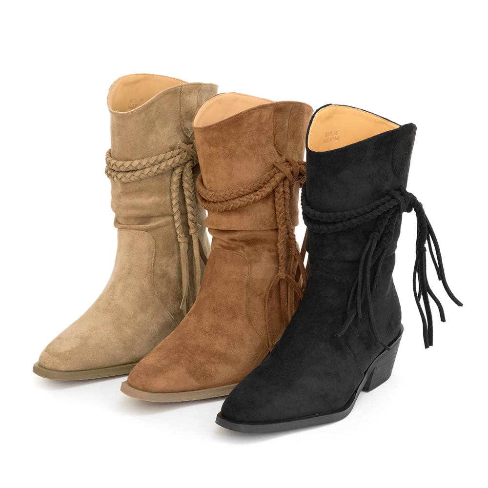 吉普賽流蘇小V口牛仔短靴 黑色