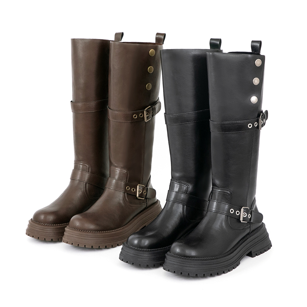 復古騎士釦環排釦機車長靴 黑色