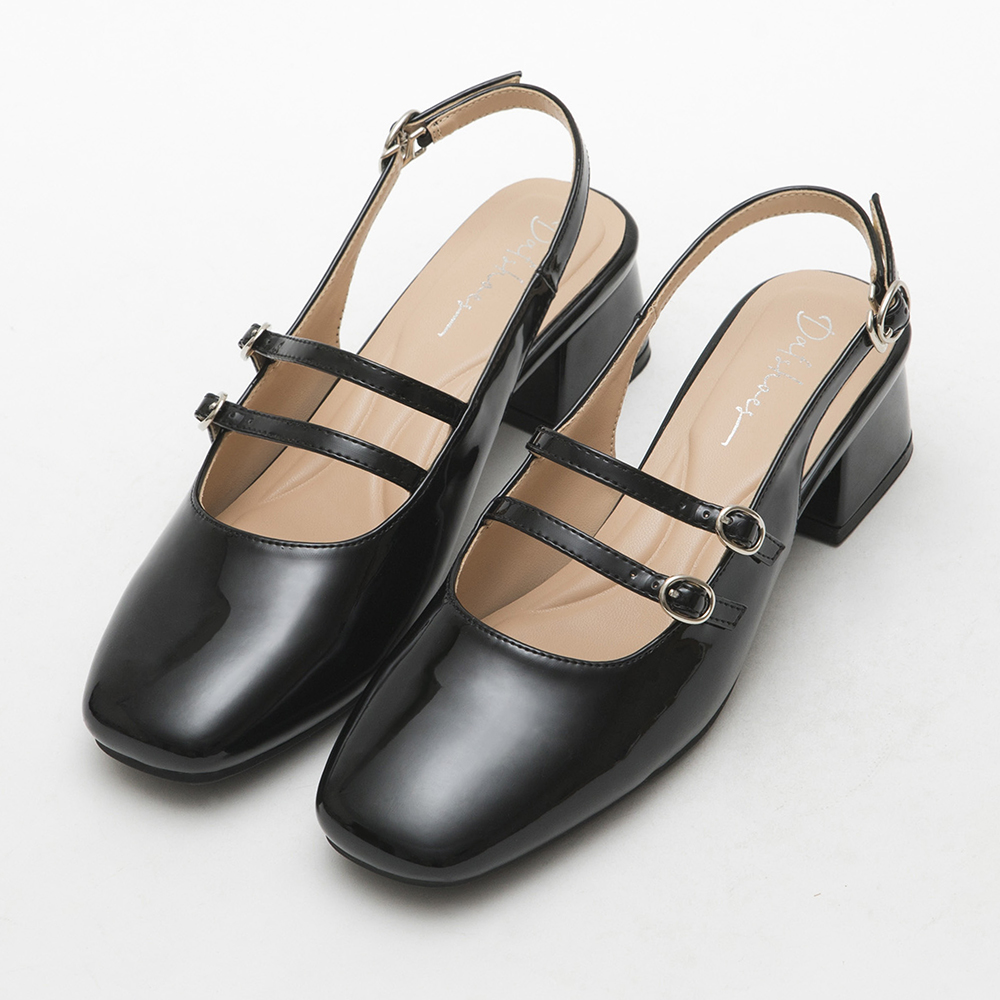 Patent Leather Double Strap Low-Heel Slingback Mary Jane Shoes Black