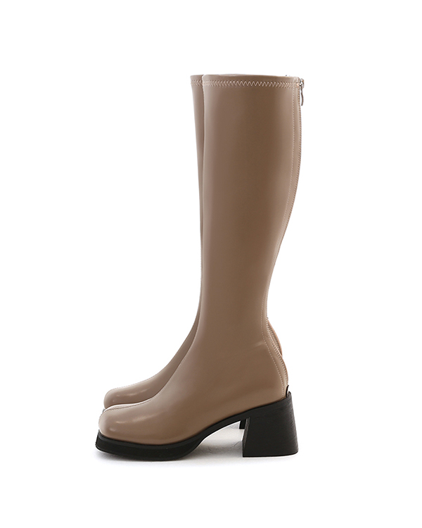 Round Toe Block Heel Slimming Boots Mocha grey