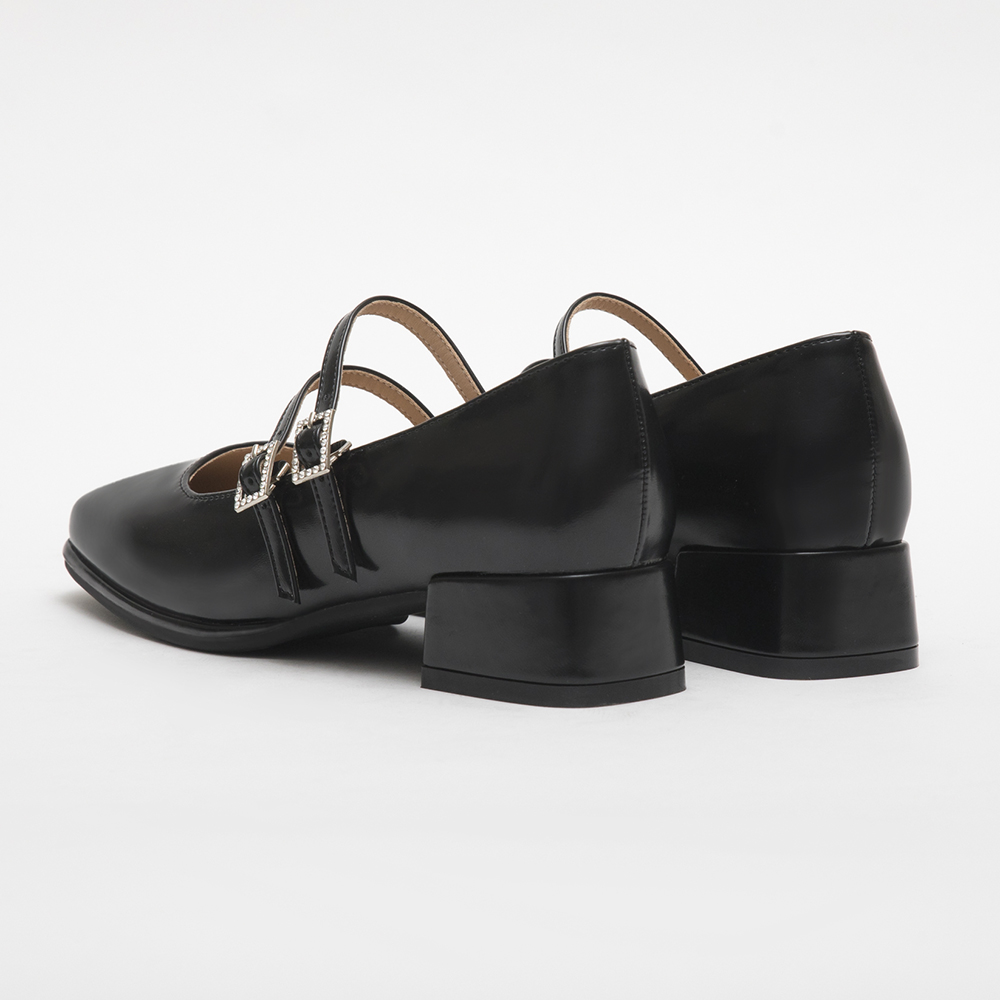 4D Cushioned Patent Double-Straps Mary Jane Shoes Black