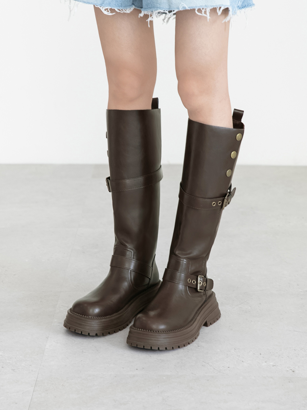 復古騎士釦環排釦機車長靴 咖啡