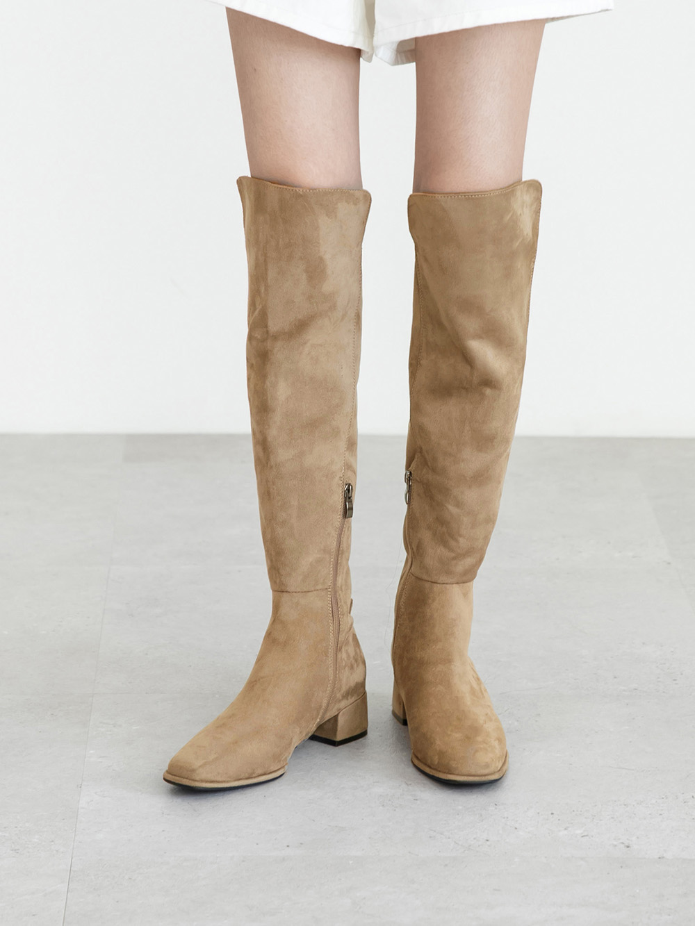 百變主題顯瘦拼接膝上長靴 卡其色