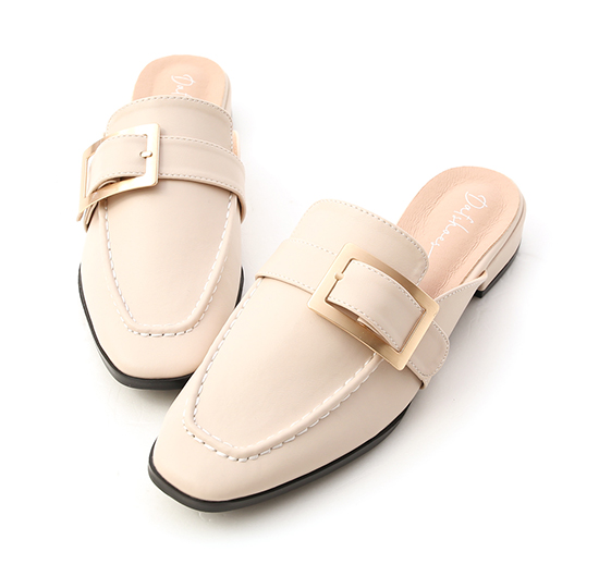 Elegant Square Ring Low Heel Mules Cream