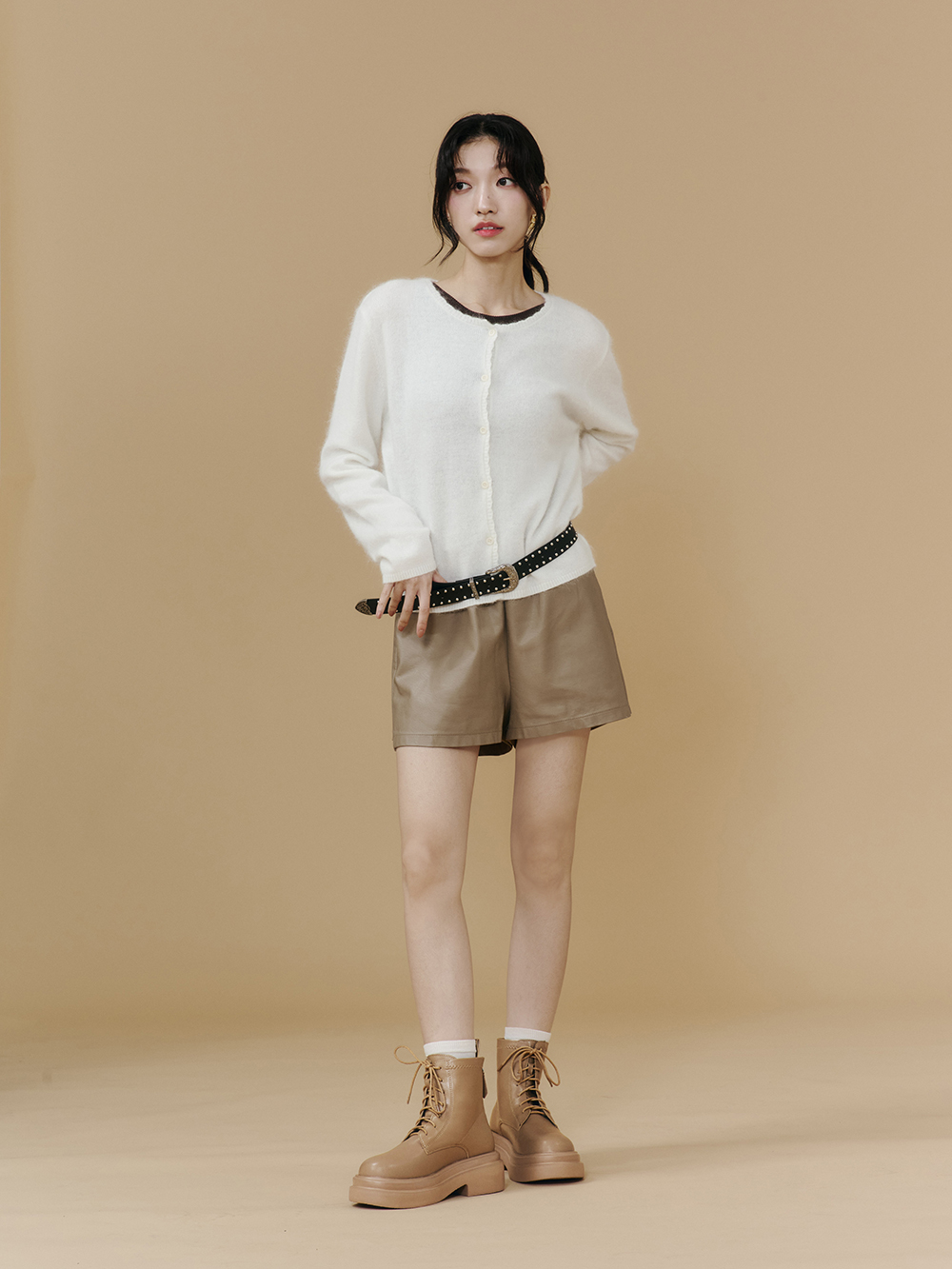 偶像學園輕量厚底綁帶短靴 杏色