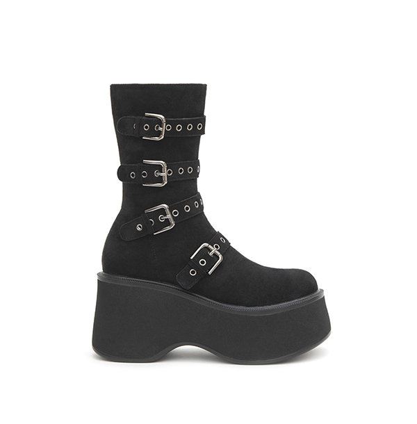 Multi-Buckle Platform Ankle Boots 黑絨