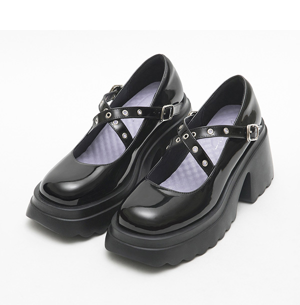 Metallic Cross-Straps Thick Sole Mary Jane Shoes 漆皮黑