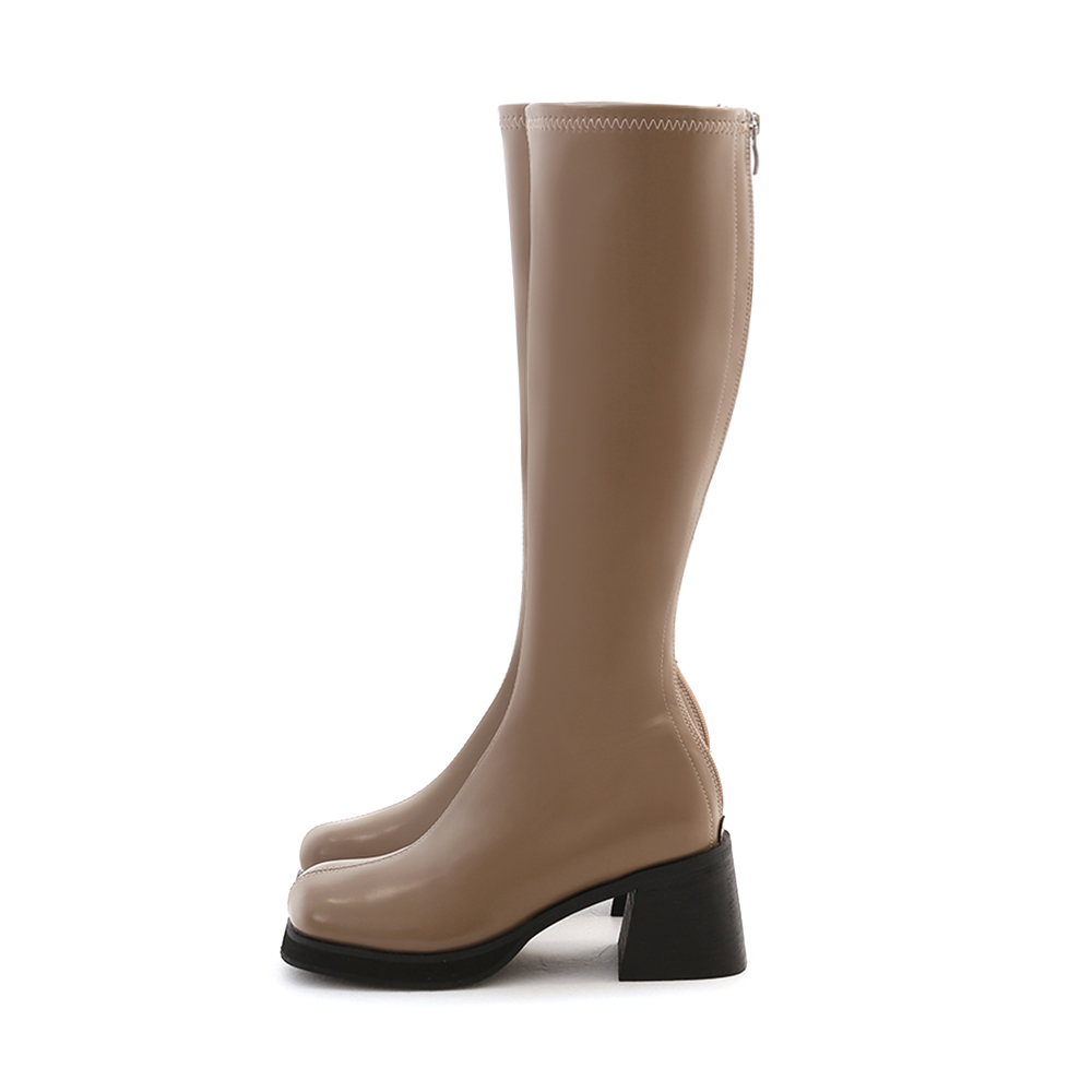 Round Toe Block Heel Slimming Boots Mocha grey