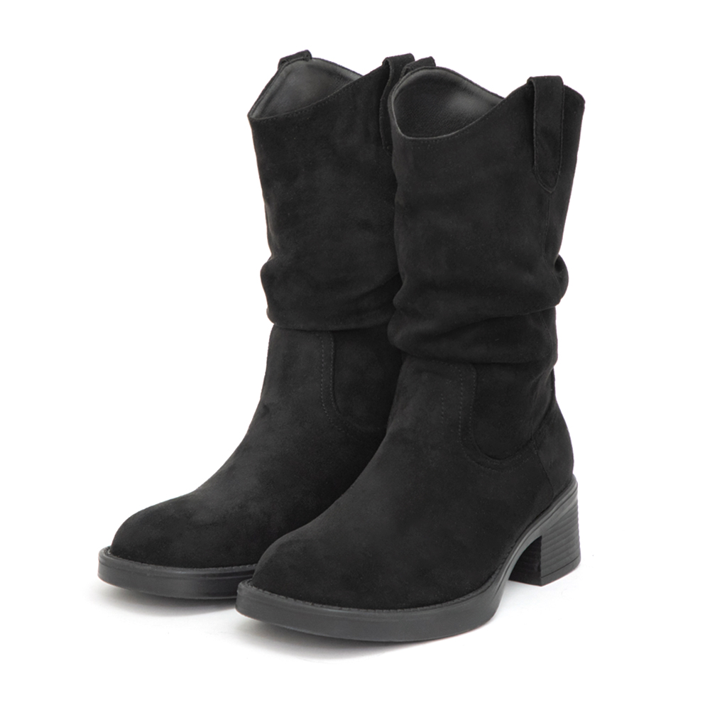 嬉皮小V口抓皺西部堆堆靴 黑色