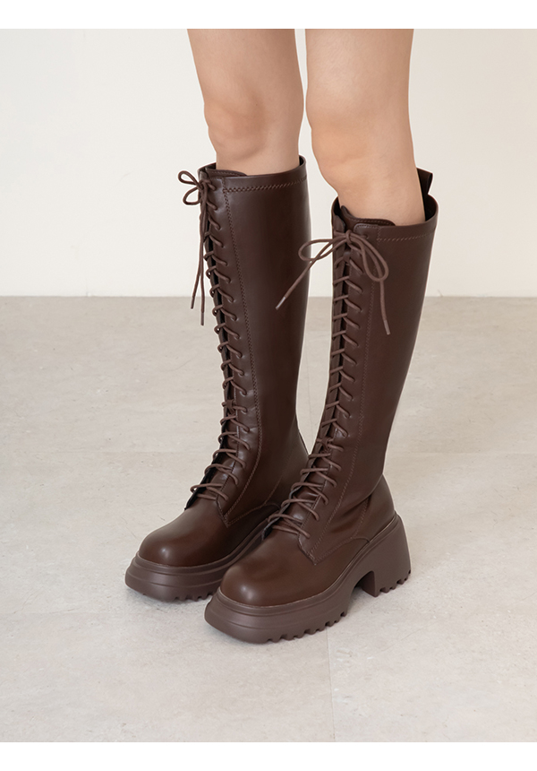 女團風輕量厚底綁帶長靴 咖啡色