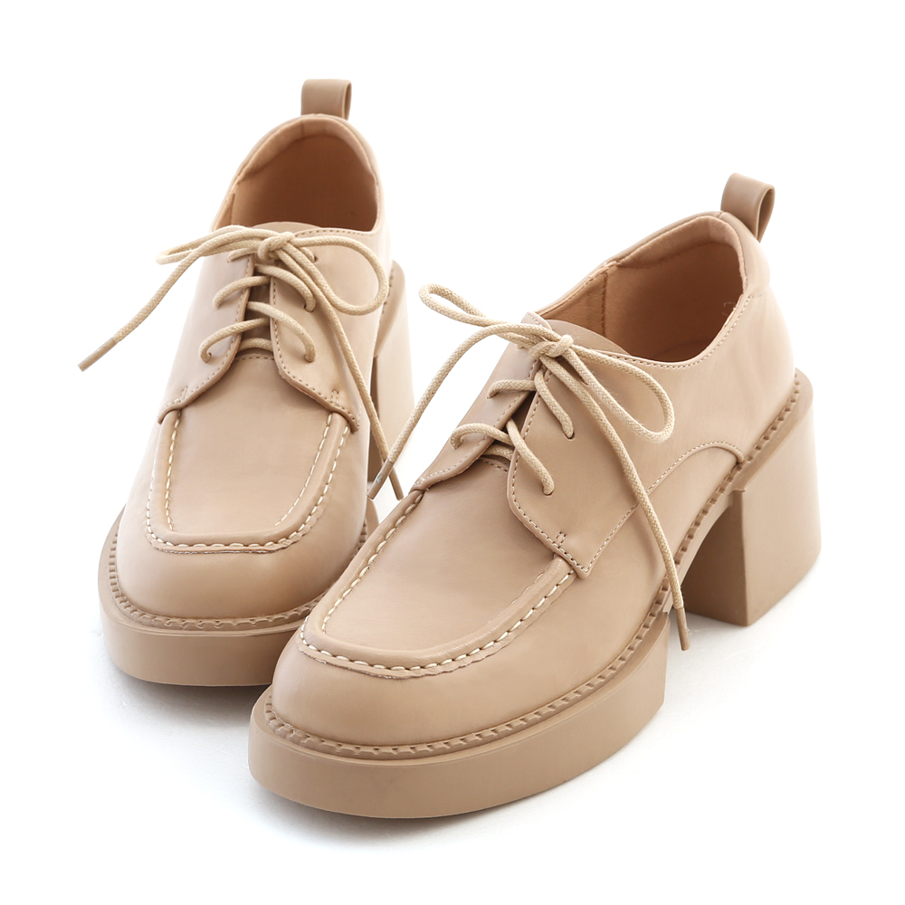 Lace-up Thick Sole High-Heel Derby Shoes Beige