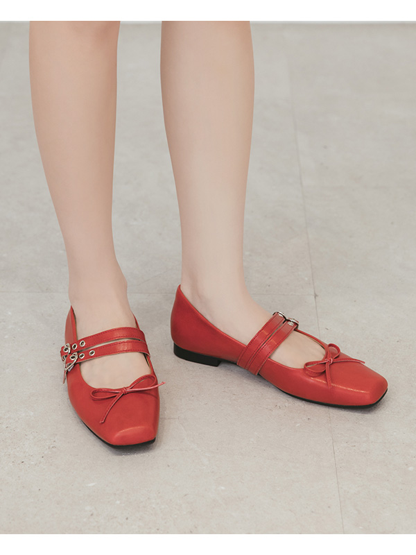 Punk Metal Double Buckle Ballet Flats 紅