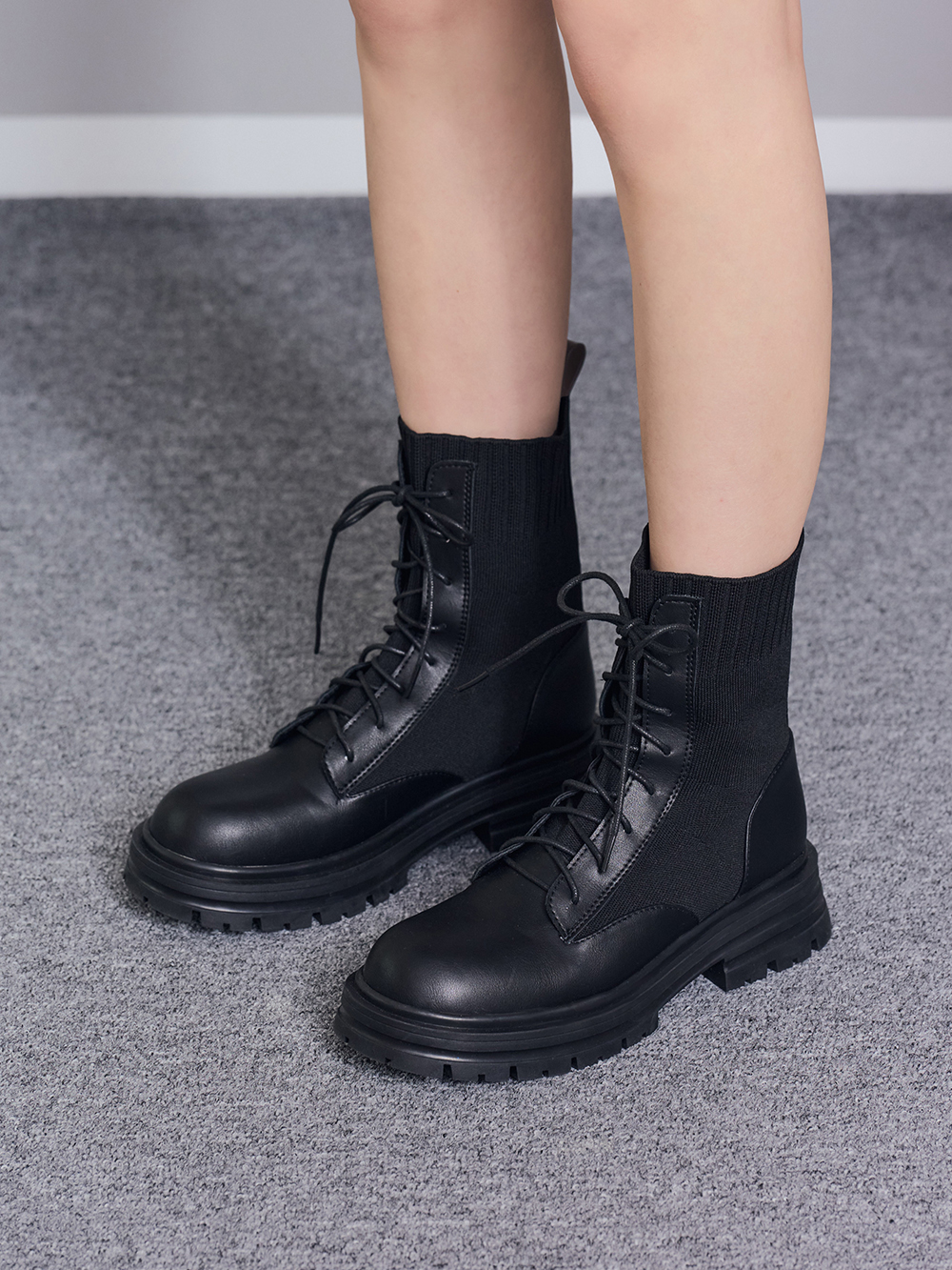 個性boy風針織拼接綁帶短靴 黑色