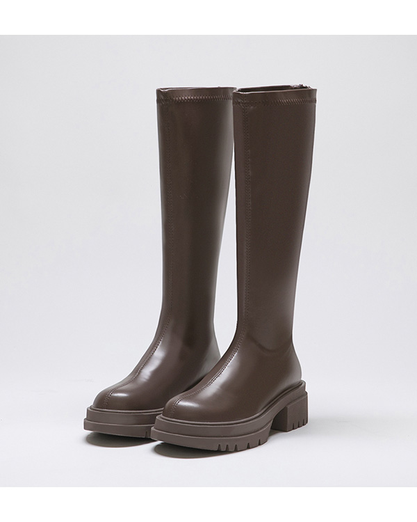 Plain Thick Sole Tall Boots Dark Brown