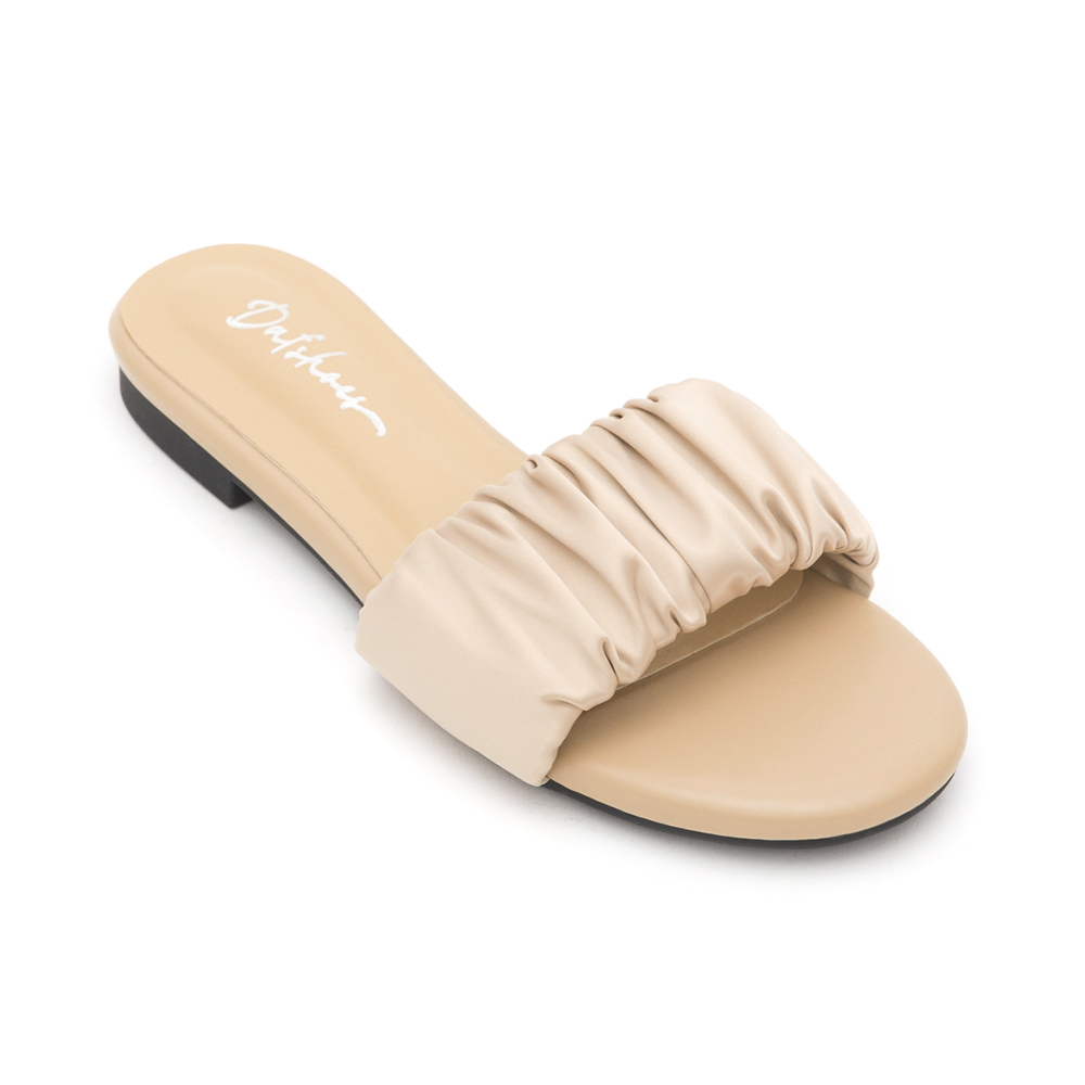 Satin Ruched Details  Flat Slides Beige