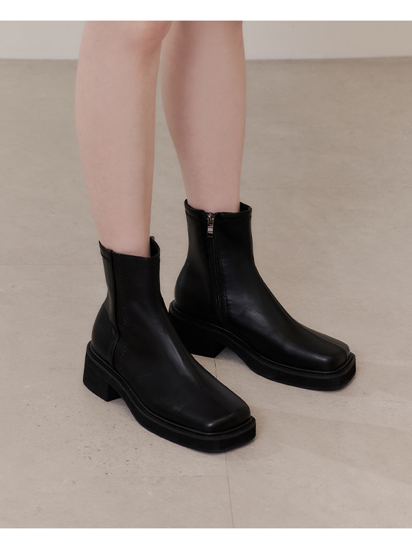 Stitched Square Toe Thick-Sole Ankle Boots Black