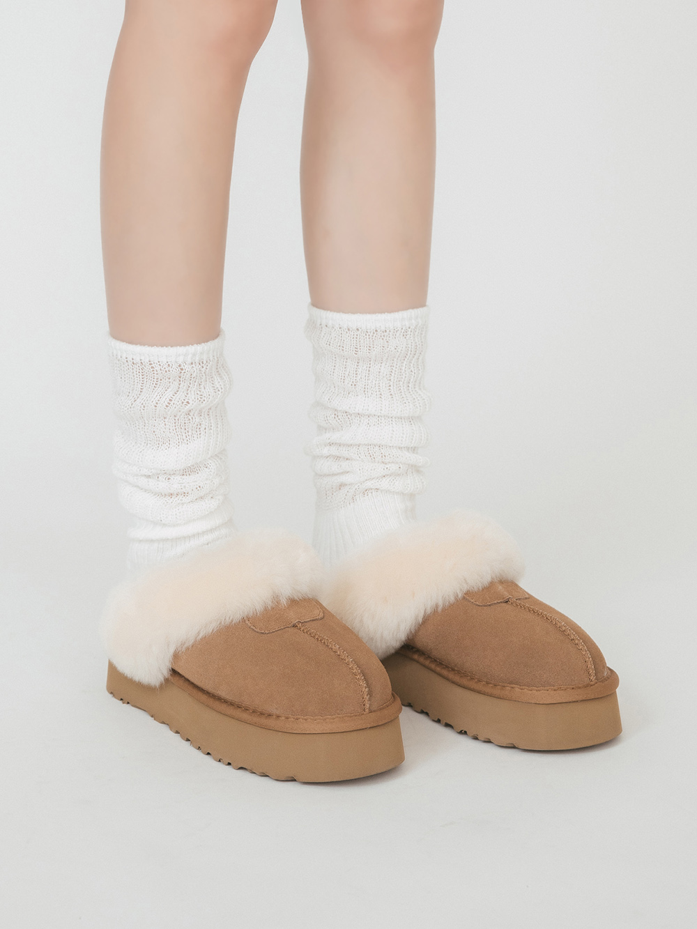 雪地精靈．真皮羊毛厚底雪靴拖鞋 駝色