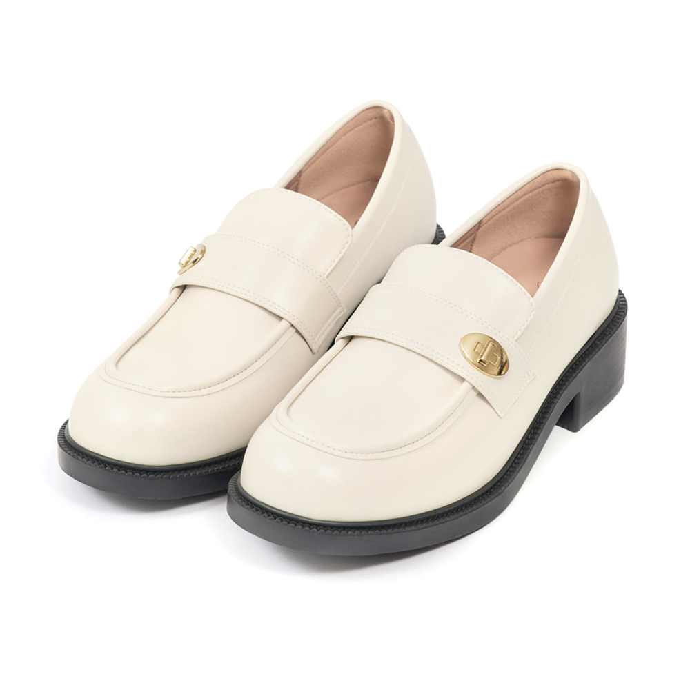 Gold Buckle Round-Toe Loafers Vanilla