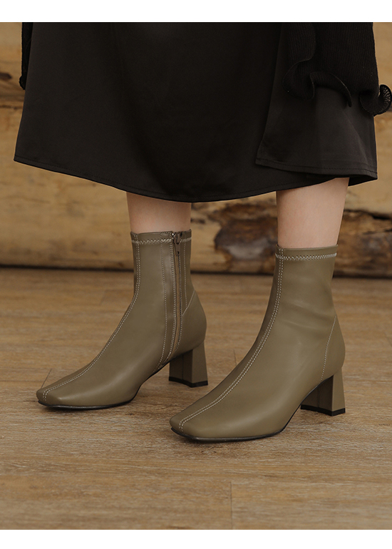 Plain Square Toe Mid-Heel Slimming Boots Olive Green