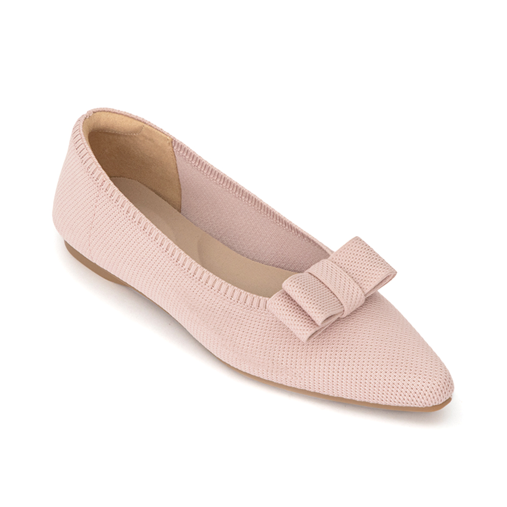 【3D零感雲織鞋】尖頭可拆卸蝴蝶結平底鞋 裸膚粉