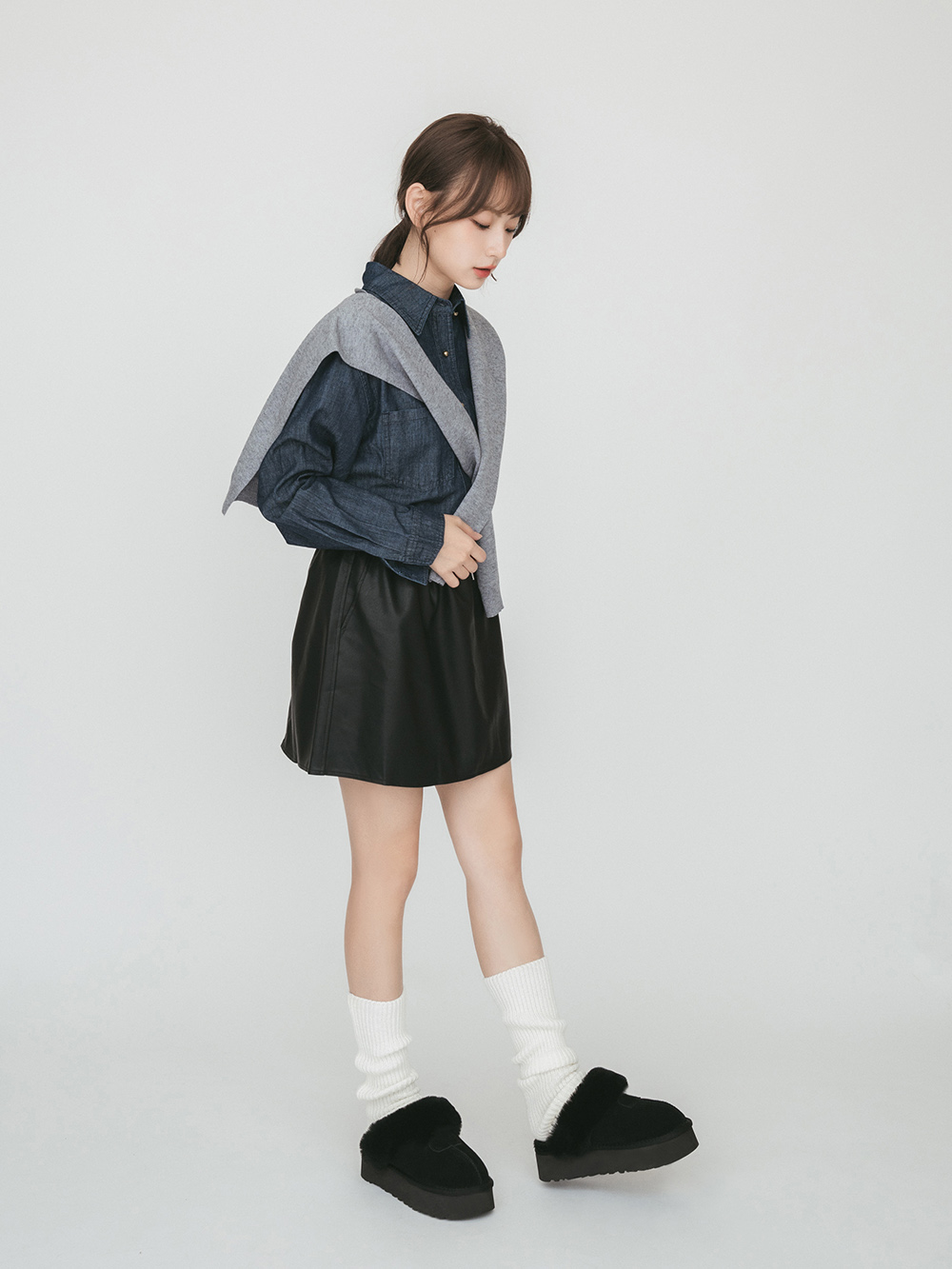 雪地精靈.真皮羊毛厚底雪靴拖鞋 時尚黑